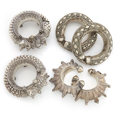 Lot 2157 - Three Pairs of Silver Ethnic Cuff Bangle Bracelets