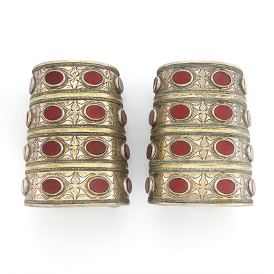Lot 2165 - Pair of Wide Mixed Metal and Carnelian Ethnic Cuff Bracelets