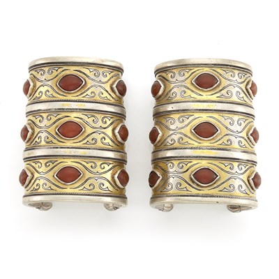 Lot 2167 - Pair of Mixed Metal and Carnelian Cuff Bracelets