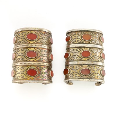 Lot 2168 - Pair of Wide Mixed Metal and Carnelian Ethnic Cuff Bracelets