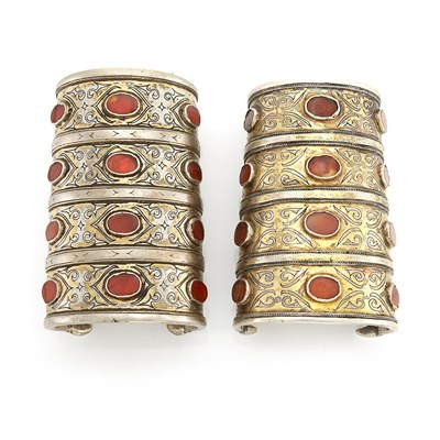 Lot 2171 - Pair of Wide Mixed Metal and Carnelian Ethnic Cuff Bracelets