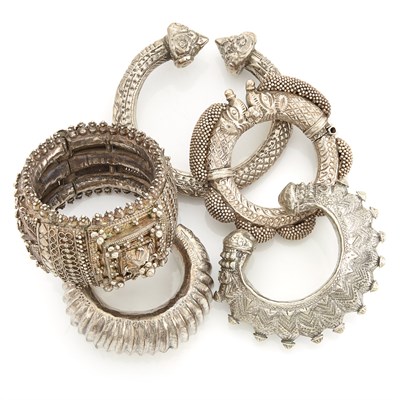 Lot 2176 - Five Silver and Metal Ethnic Bracelets