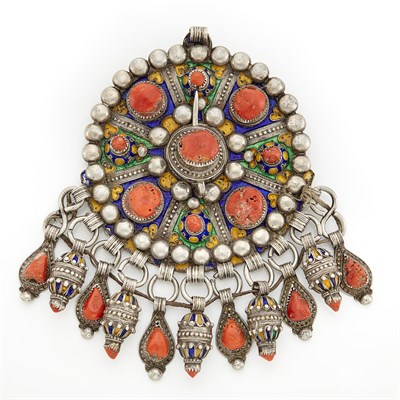 Lot 2180 - Oversized Silver, Metal, Coral and Enamel Ethnic Pendant
