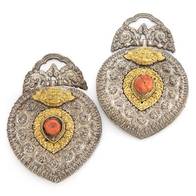 Lot 2182 - Two Mixed Metal and Coral Ethnic Ornamental Pendant-Plaques