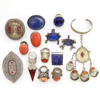 Lot 2187 - Group of Silver, Metal, Coral, Enamel and Carnelian Rings