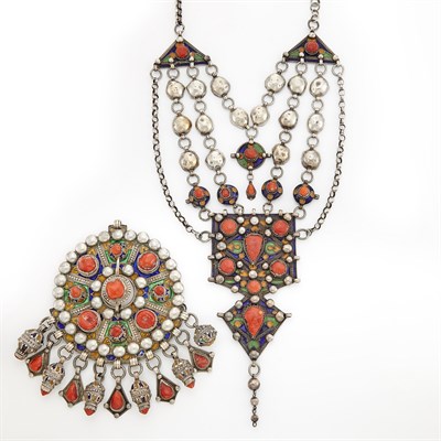 Lot 2189 - Silver, Metal, Coral and Enamel Hair-Pin and Pendant-Necklace