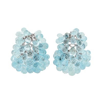 Lot 64 - Pair of White Gold and Aquamarine Briolette Cluster Earclips, Verdura