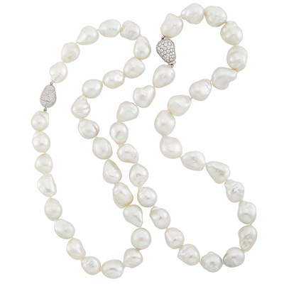 Lot 316 - Two Baroque South Sea Cultured Pearl Necklaces with White Gold and Diamond Clasps