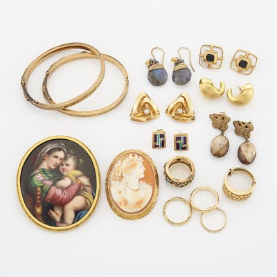 Lot 2129 - Group of Gold, Low Karat Gold, Gold-Filled, Metal Cameo and Enamel Jewelry