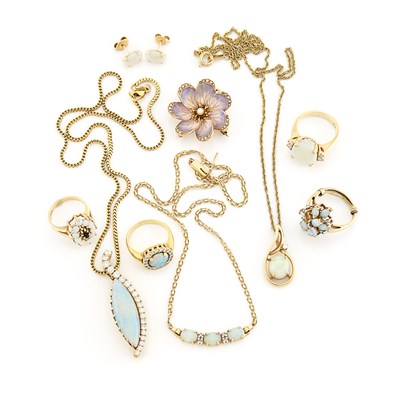Lot 1895 - Group of Gold, Opal and Diamond Jewelry and Enamel and Pearl Flower Pendant-Brooch