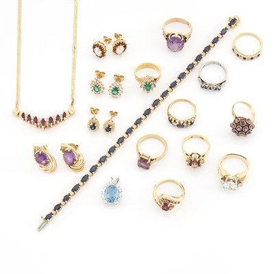 Lot 1894 - Group of Gold, Colored Stone, Diamond and Simulated Diamond Jewelry