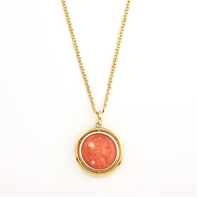 Lot 2096 - Gold and Carved Hephaestus Coral Pendant on Chain Necklace