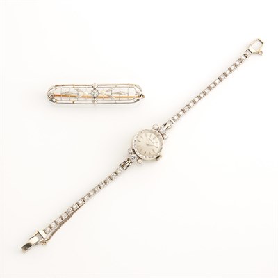 Lot 1865 - White Gold and Diamond Wristwatch and Diamond and Pearl Bar Pin