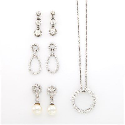 Lot 1862 - Three Pairs of White Gold, Diamond and Pearl Pendant-Earrings and Diamond Circle Pendant on Chain Necklace