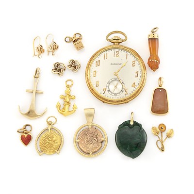 Lot 1779 - Group of Gold, Gold-Filled and Metal Pendants, Charms, Figa and Pocket Watch