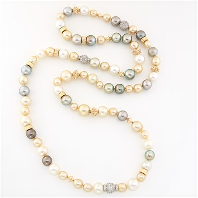 Lot 1080 - Multicolored Cultured Pearl, Gold and Diamond Bead Necklace