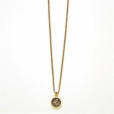 Lot 1120 - Gold, Ancient Coin and Cabochon Sapphire Pendant on Chain Necklace
