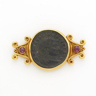 Lot 1038 - Gold, Ancient Coin and Cabochon Ruby Pin