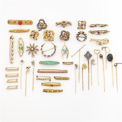 Lot 2011 - Group of Gold, Gold-Filled, Metal and Colored Stone Stick Pins and Bar Pins