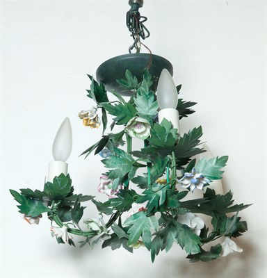 Lot 345 - Tôle-Peinte and Ceramic Three-Light Chandelier...