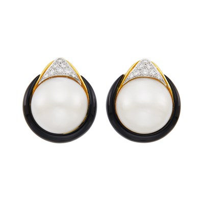 Lot 71 - Pair of Gold, Mabé Pearl, Diamond and Black Enamel Earclips