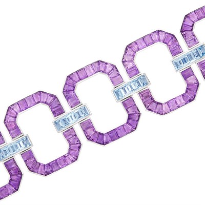 Lot 67 - Wide White Gold, Amethyst and Aquamarine Link Bracelet, Sophia D.