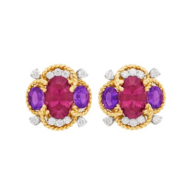 Lot 412 - Pair of Gold, Platinum, Rubellite, Amethyst and Diamond Earclips, Verdura