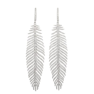 Lot 55 - Pair of White Gold and Diamond Feather Pendant-Earrings