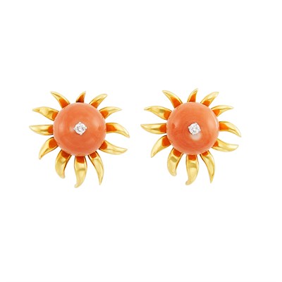 Lot 131 - Pair of Gold, Coral Bead and Diamond Flower Earclips, Tiffany & Co., Schlumberger