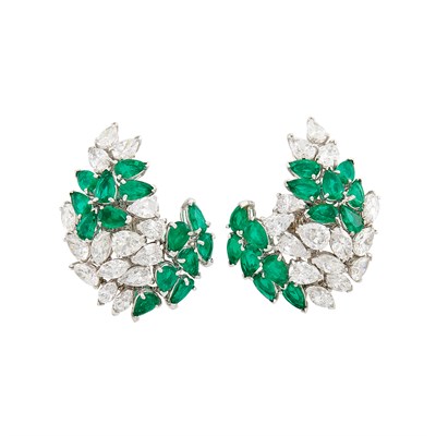 Lot 478 - Pair of Platinum, Diamond and Emerald Cluster Earclips, David Webb