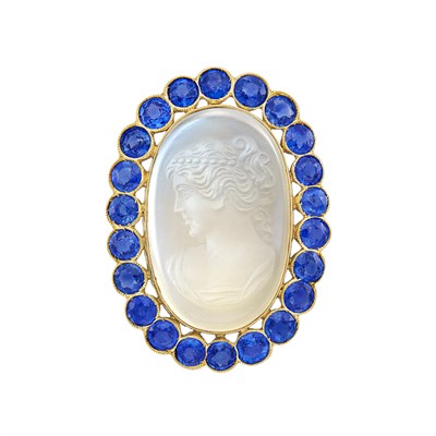 Lot 159 - Gold-Plated White Gold, Moonstone Cameo and Sapphire Pendant