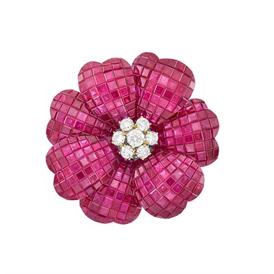 Lot 219 - White Gold, Invisibly-Set Ruby and Diamond Flower Brooch