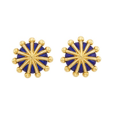 Lot 139 - Pair of Gold and Blue Enamel Dome Earclips, Tiffany & Co., Schlumberger