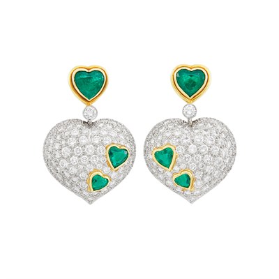 Lot 307 - Pair of Platinum, Gold, Emerald and Diamond Pendant-Earrings, Harry Winston