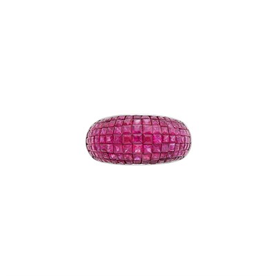 Lot 577 - White Gold and Invisibly-Set Ruby Bombé Ring