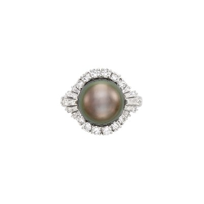 Lot 768 - Platinum, Gray Cultured Pearl and Diamond Ring, Mikimoto