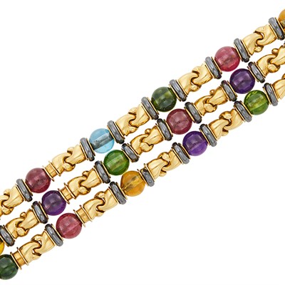 Lot 22 - Triple Strand Gold, Colored Stone Bead, Hematite and Cabochon Ruby Bracelet, Bulgari