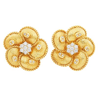 Lot 273 - Pair of Gold and Diamond Flower Earclips