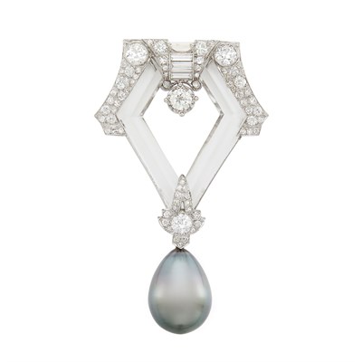 Lot 331 - Platinum, Diamond, Rock Crystal and Tahitian Gray Cultured Pearl Clip