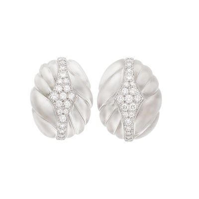 Lot 340 - Pair of White Gold, Platinum, Fluted Rock Crystal and Diamond Earclips, David Webb