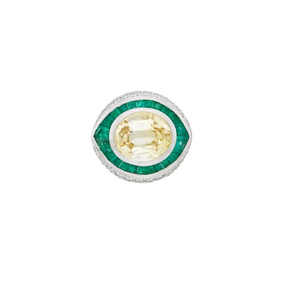 Lot 341 - White Gold, Yellow Sapphire, Emerald and Diamond Ring