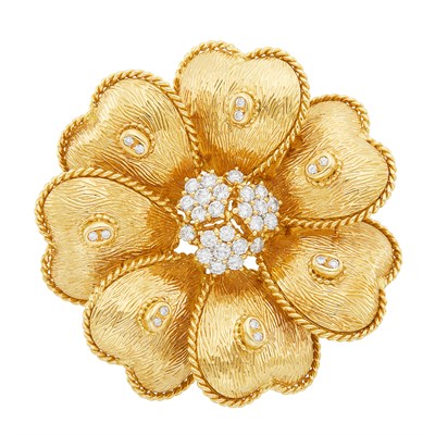 Lot 275 - Gold and Diamond Flower Clip-Brooch