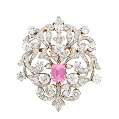 Lot 462 - Belle Époque Platinum, Gold, Diamond and Pink Glass Pendant-Brooch, Benedict Bros.