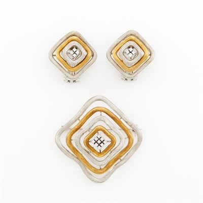 Lot 1200 - Pair of Two-Color Gold and Diamond Earclips and Brooch