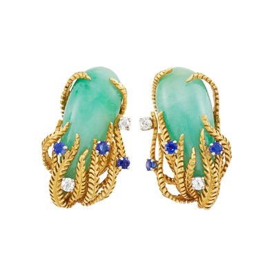 Lot 375 - Pair of Gold, Platinum, Jade, Diamond and Sapphire Earclips, David Webb
