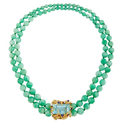 Lot 376 - Double Strand Jade Bead Necklace with Gold, Aquamarine, Diamond and Sapphire Clasp, by David Webb