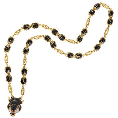 Lot 81 - Long Gold, Black and Red Enamel and Diamond Panther Pendant Clip-Brooch Necklace, Frascarolo