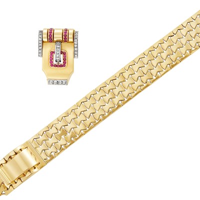 Lot 176 - Gold Clip/Bracelet Combination with Interchangeable Gold, Platinum, Ruby and Diamond Clip