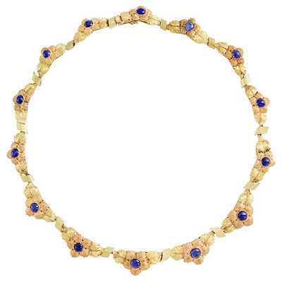 Lot 181 - Two-Color Gold and Cabochon Sapphire Flower Necklace, Mario Buccellati