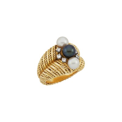 Lot 1338 - Two-Color Gold, Dyed Black and Cultured Pearl and Diamond Ring, France